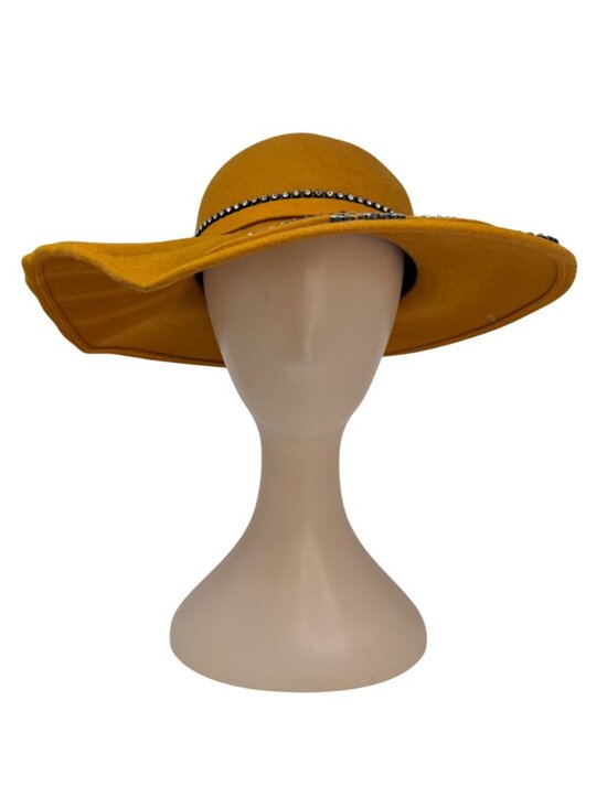 Mustard Wool Felt Wide Brim Hat Rhinestone Trim Bow‎ Bollman 1980s main image 4